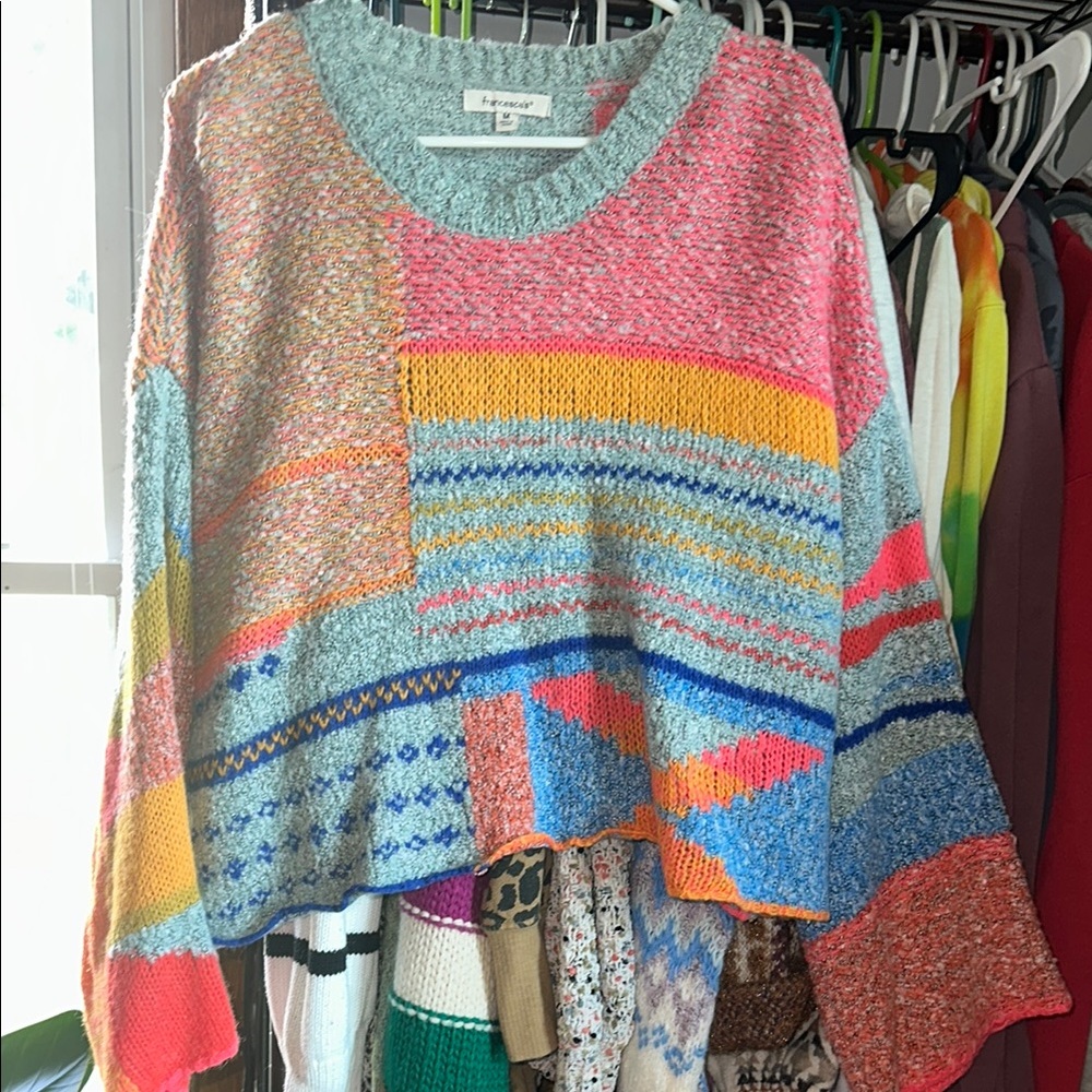 Francesca's Collections Pink and Blue Crew Neck Sweater